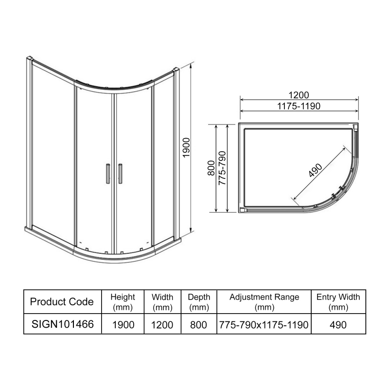 Signature Inca 2-Door Offset Quadrant Shower Enclosure 1200mm x 800mm - 8mm Glass