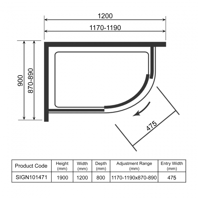 Signature Inca 1-Door Offset Quadrant Shower Enclosure 1200mm x 900mm - 8mm Glass