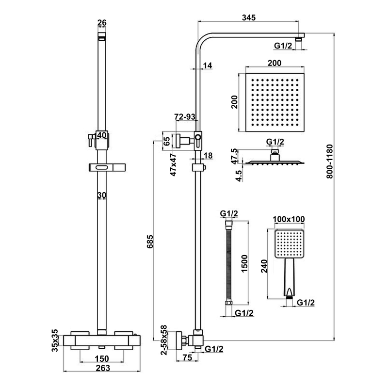Signature Kube Square Thermostatic Bar Mixer Shower with Shower Kit + Fixed Head - Chrome