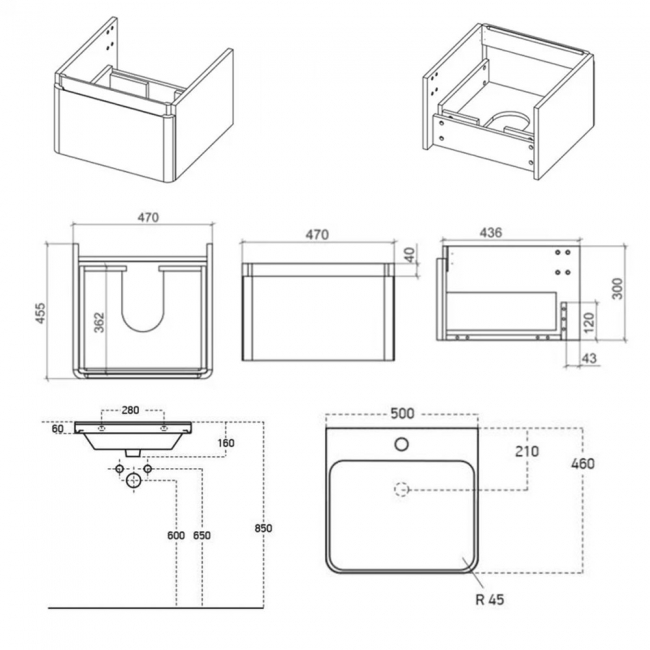Signature Lucille Wall Hung 1-Drawer Vanity Unit with Basin 500mm Wide - Textured Oak