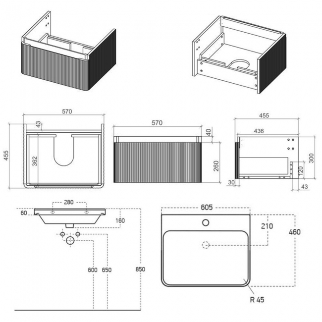 Signature Lucille Wall Hung 1-Drawer Vanity Unit with Basin 605mm Wide - Textured Oak  | Dimension Image