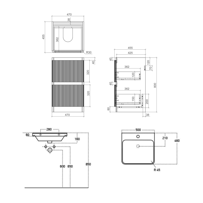 Signature Lucille Wall Hung 2-Drawer Vanity Unit with Basin 500mm Wide - Textured Walnut  | Dimension Image
