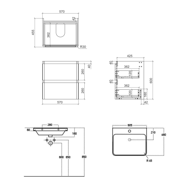 Signature Lucille Wall Hung 2-Drawer Vanity Unit with Basin 605mm Wide - Textured Walnut  | Dimension Image