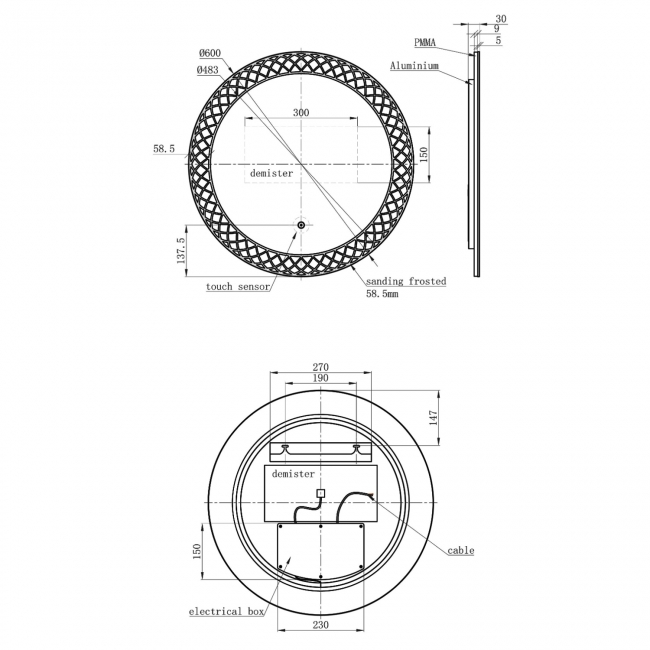 Signature Luigi Round LED Bathroom Mirror with Demister Pad 600mm Diameter  | Dimension Image