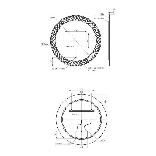 Signature Luigi Round LED Bathroom Mirror with Demister Pad 1000mm Diameter  | Dimension Image