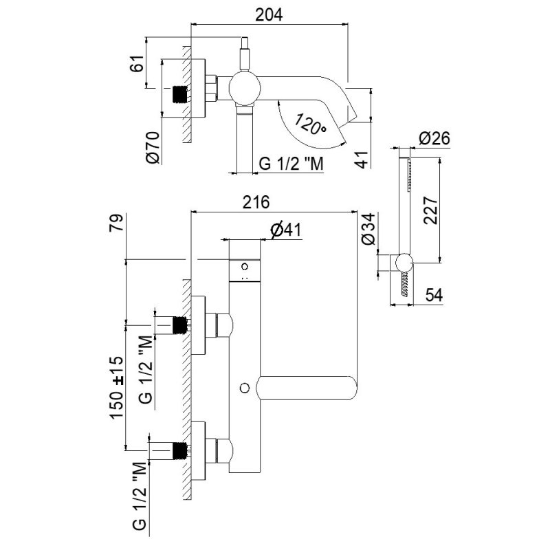 Vema Maira Bath Shower Mixer Tap with Shower Kit Wall Mounted - Chrome