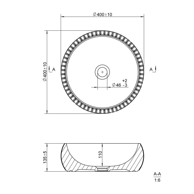 Signature Marina Textured Round Sit-On Countertop Basin 400mm Wide 0 Tap Hole - White  | Dimension Image