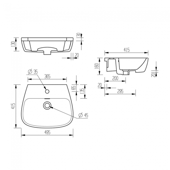 Signature Maya Semi-Recessed Basin 495mm Wide - 1 Tap Hole