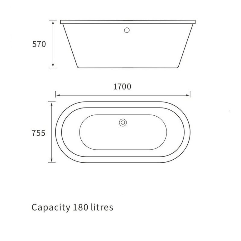 Signature Dorchester Double Ended Freestanding Bath 1700mm x 755mm 0 Tap Hole  | Dimension Image