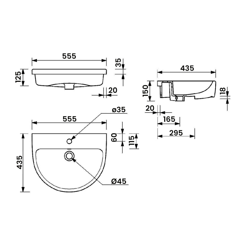 Signature Nazca Semi-Recessed Basin 555mm Wide - 1 Tap Hole
