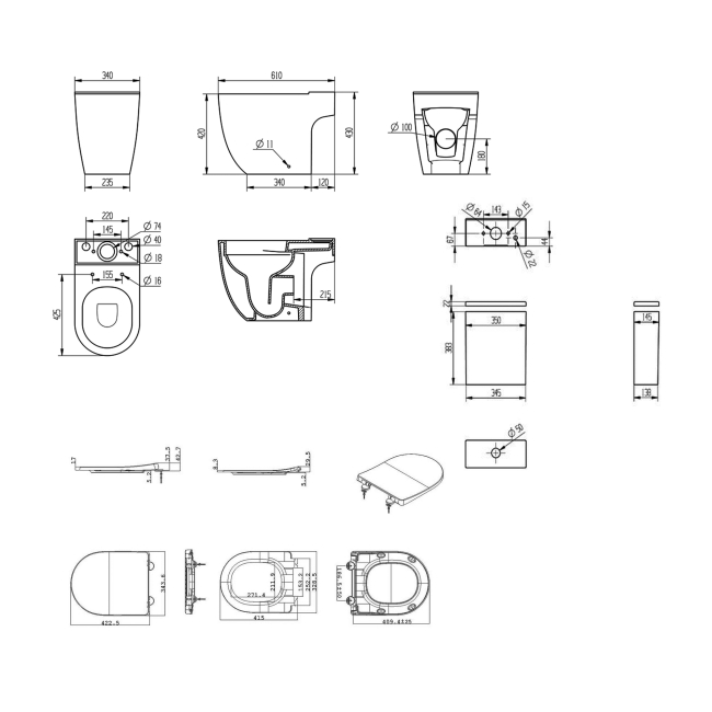Signature Nazca Rimless Swirlux Flush Open Back Close Coupled Toilet with Push Button Cistern - Soft Close Seat  | Dimension Image