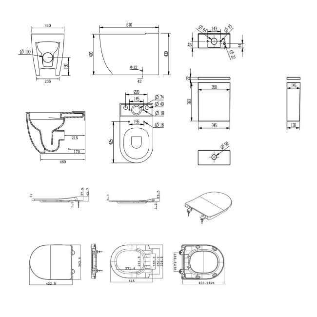 Signature Nazca Swirlux Rimless Fully Back to Wall Close Coupled Toilet (inc Soft Close Seat)  | Dimension Image