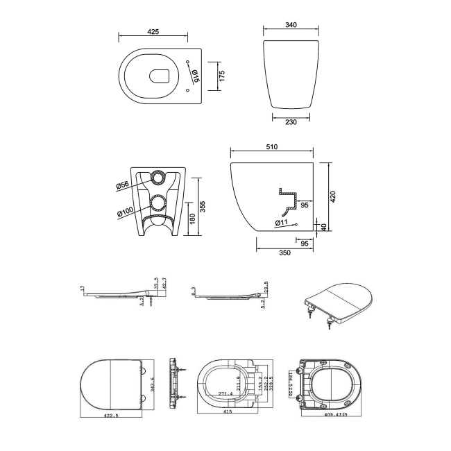 Signature Nazca Rimless Swirlux Flush Back to Wall Toilet - Soft Close Seat  | Dimension Image