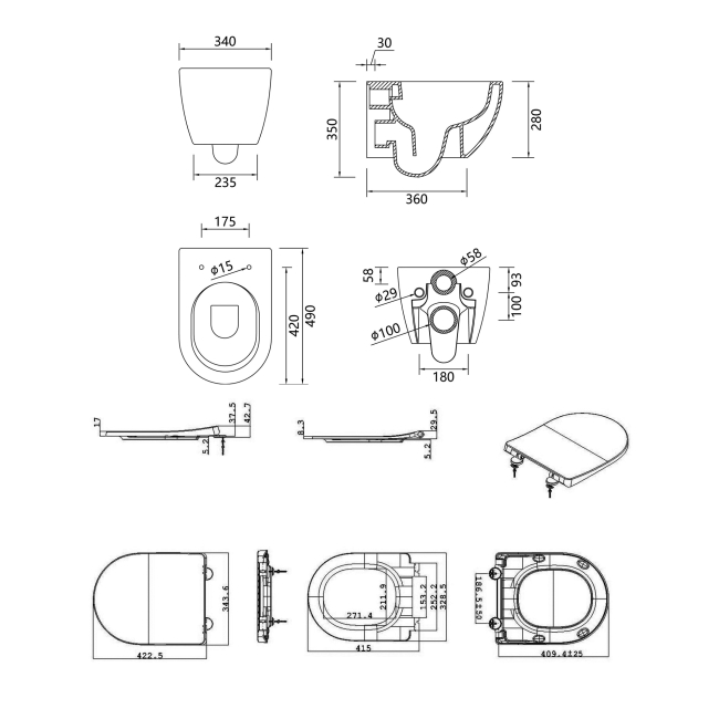 Signature Nazca Swirlux Rimless Wall Hung Toilet (inc Soft Close Seat)  | Dimension Image