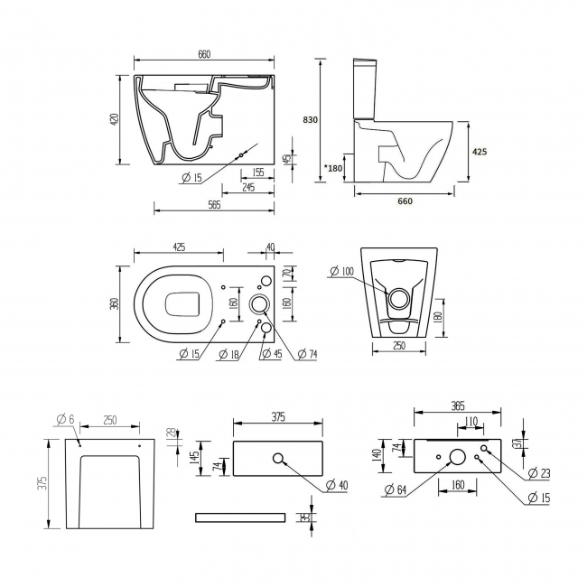 Signature Nazca Close Coupled Back To Wall Rimless Toilet with Push Button Cistern - Soft Close Seat  | Dimension Image