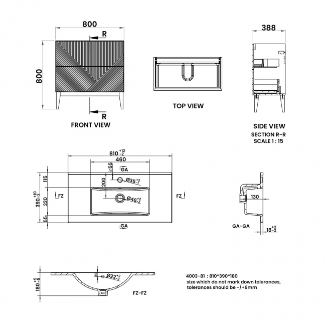 Signature Nouveau Floor Standing 2-Drawer Vanity Unit with Basin 815mm Wide - Matt Oat  | Dimension Image