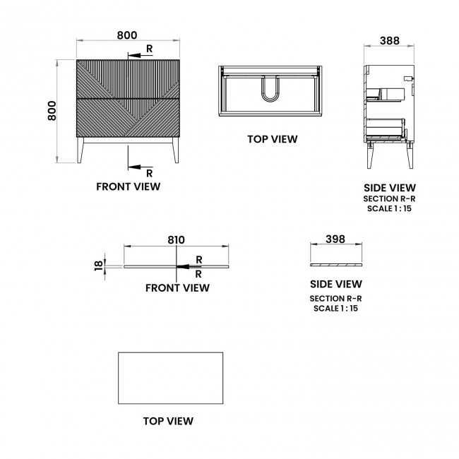 Signature Nouveau Floor Standing 2-Drawer Vanity Unit with Maple Oak Worktop 810mm Wide - Matt Graphite Grey  | Dimension Image