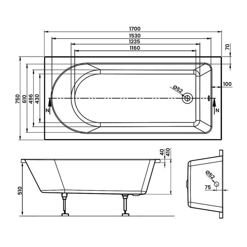 Signature Olympus Supercast Single Ended Rectangular Bath 1700mm x 750mm 0 Tap Hole (inc Leg Set)