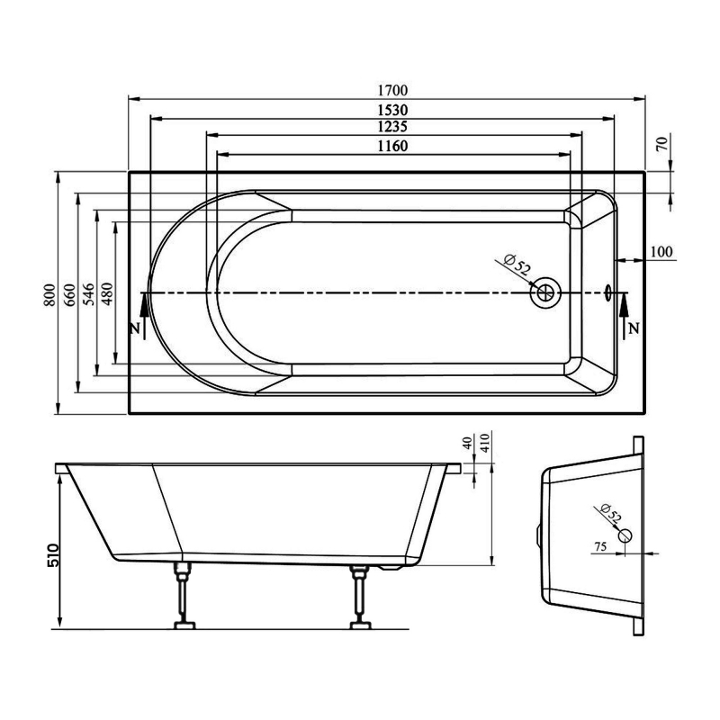 Signature Olympus Single Ended Rectangular Bath 1700mm x 800mm 0 Tap Hole (inc Leg Set)
