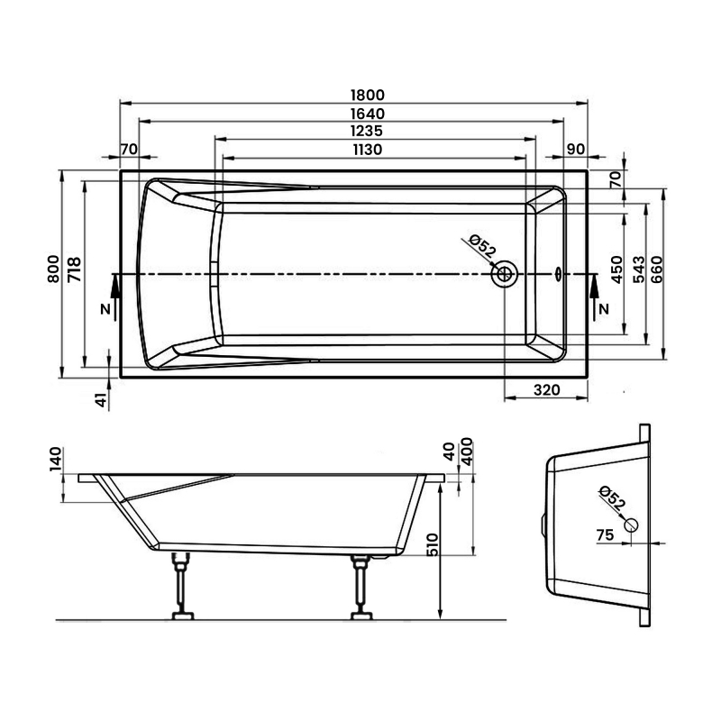 Signature Olympus Single Ended Rectangular Bath 1800mm x 800mm 0 Tap Hole (inc Leg Set)