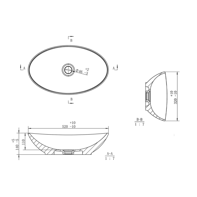 Signature Optic Oval Sit-On Countertop Basin 520mm Wide 0 Tap Hole - White  | Dimension Image