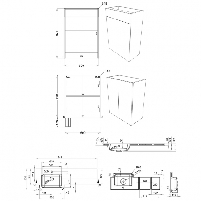 Signature Oslo LH Combination Unit with Basin 1242mm Wide - Light Grey Gloss