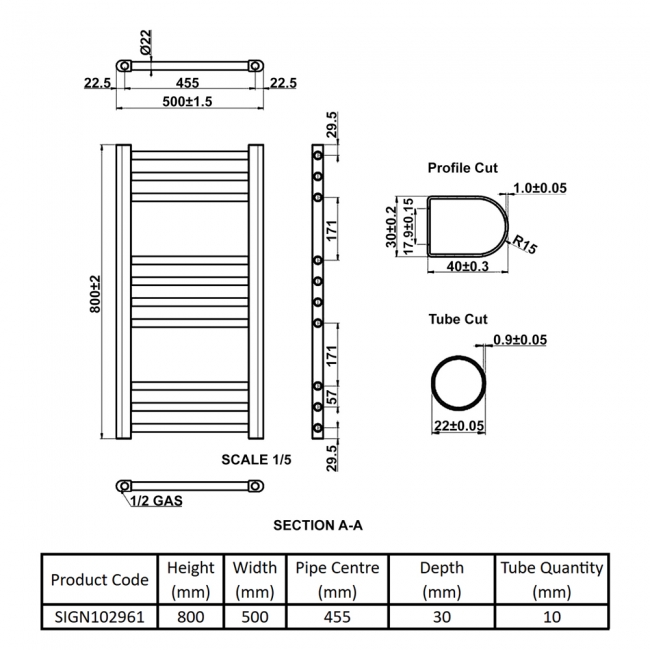 Signature Paragon Straight Heated Towel Rail 800mm H x 500mm W - Chrome  | Dimension Image