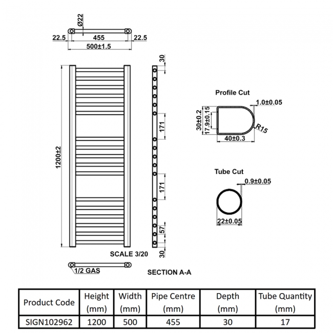 Signature Paragon Straight Heated Towel Rail 1200mm H x 500mm W - Chrome  | Dimension Image