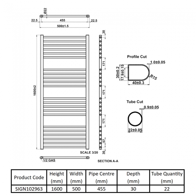 Signature Paragon Straight Heated Towel Rail 1600mm H x 500mm W - Chrome  | Dimension Image