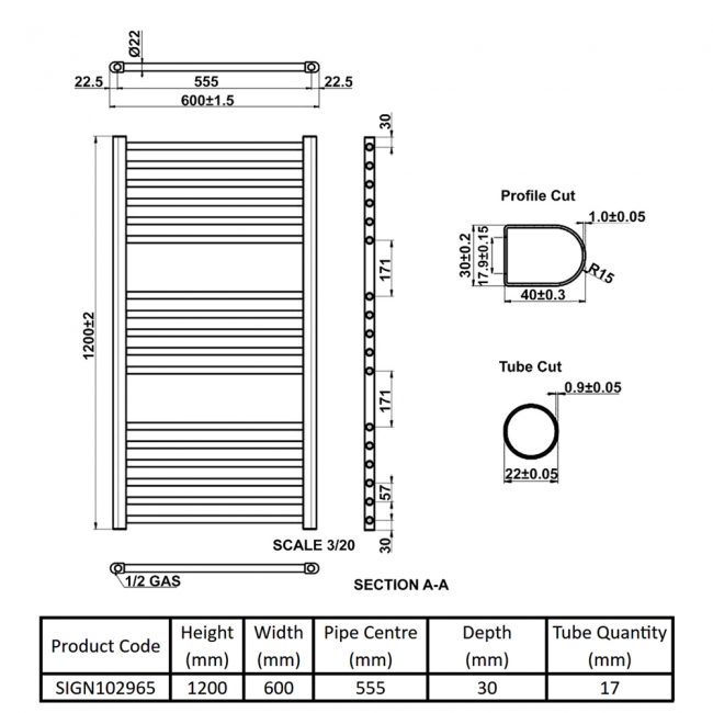 Signature Paragon Straight Heated Towel Rail 1200mm H x 600mm W - Chrome