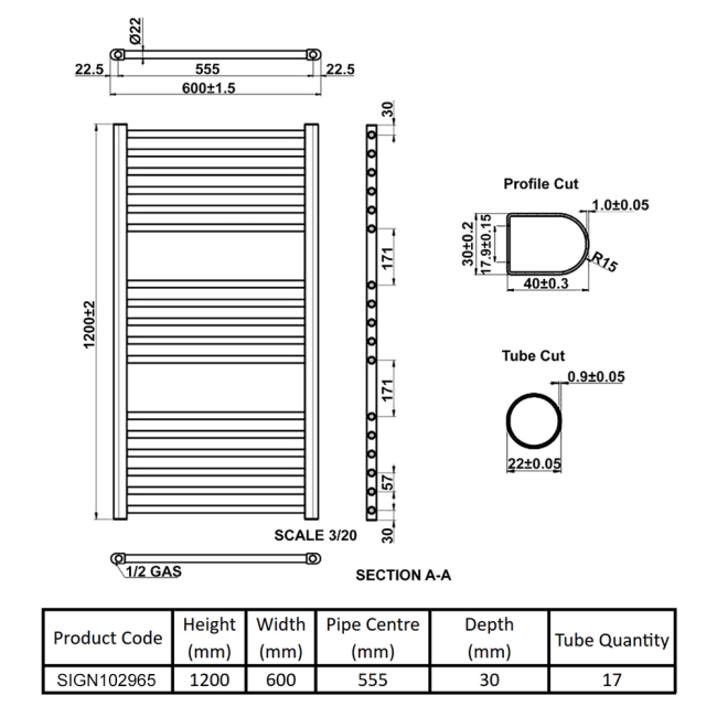 Signature Paragon Straight Heated Towel Rail 1200mm H x 600mm W - Chrome  | Dimension Image