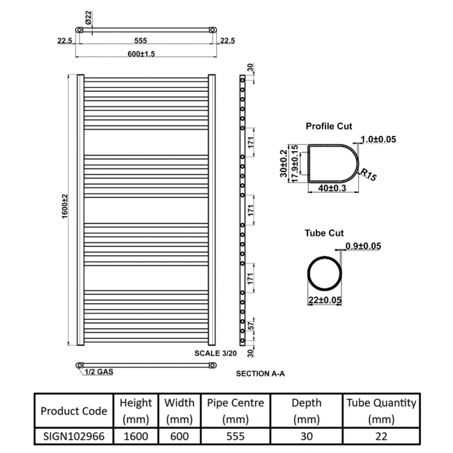 Signature Paragon Straight Heated Towel Rail 1600mm H x 600mm W - Chrome  | Dimension Image