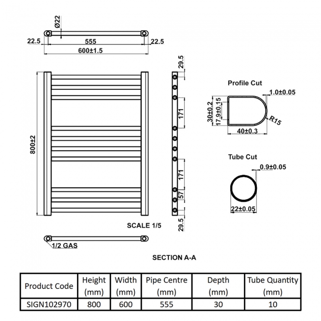 Signature Paragon Straight Heated Towel Rail 800mm H x 600mm W - Anthracite  | Dimension Image