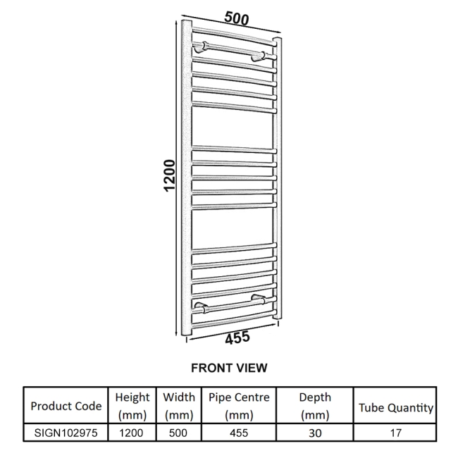Signature Paragon Curved Heated Towel Rail 1200mm H x 500mm W - Chrome  | Dimension Image