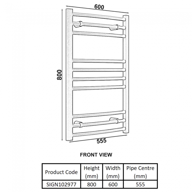 Signature Paragon Curved Heated Towel Rail 800mm H x 600mm W - Chrome