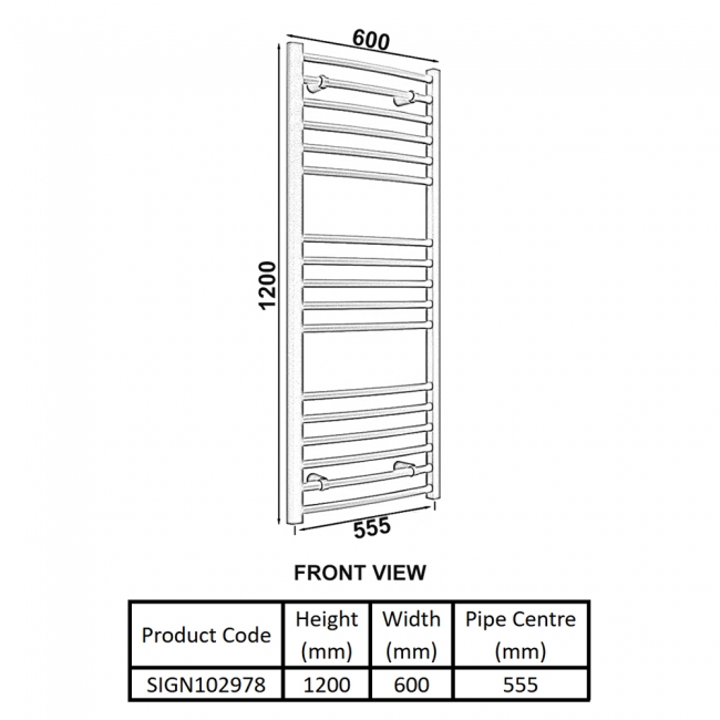 Signature Paragon Curved Heated Towel Rail 1200mm H x 600mm W - Chrome  | Dimension Image