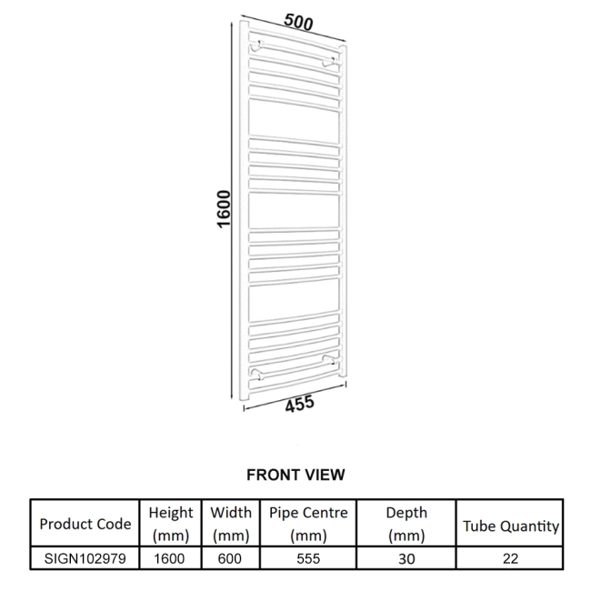 Signature Paragon Curved Heated Towel Rail 1600mm H x 600mm W - Chrome  | Dimension Image