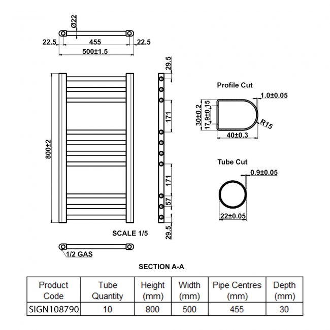 Signature Paragon Straight Heated Towel Rail 800mm H x 500mm W - Brushed Brass