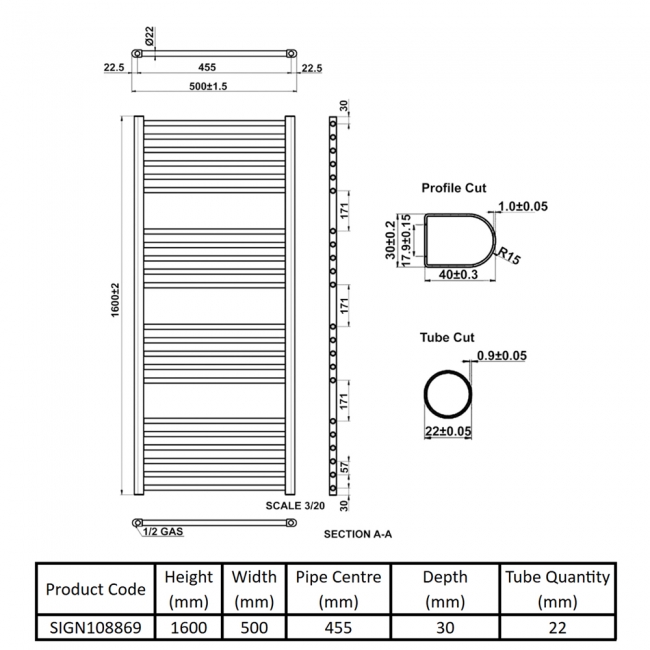 Signature Paragon Straight Heated Towel Rail 1600mm H x 500mm W - Brushed Bronze