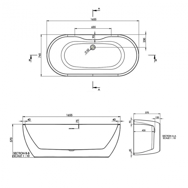 Signature Perseus Double Ended Freestanding Bath with Integrated Waste 1650mm x 745mm - Black