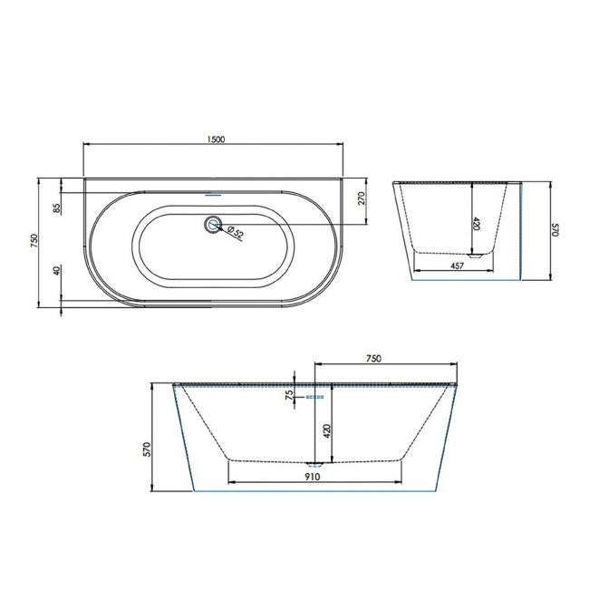 Signature Pinnacle D-Shaped Back to Wall Freestanding Bath with Integrated Waste 1500mm x 750mm  | Dimension Image
