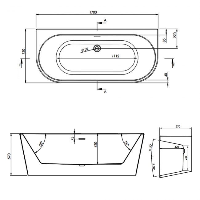 Signature Pinnacle D-Shaped Back to Wall Freestanding Bath with Integrated Waste 1700mm x 750mm