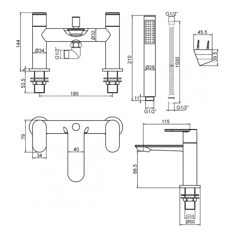 Signature Sprint Bath Shower Mixer Tap with Shower Kit - Chrome  | Dimension Image