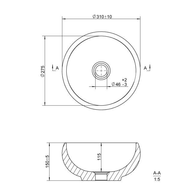 Signature Plato Round Sit-On Countertop Basin 310mm Wide 0 Tap Hole - White  | Dimension Image
