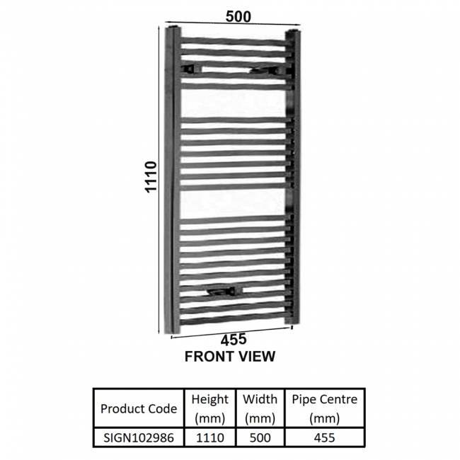 Signature Premier Square Heated Towel Rail 1110mm H x 500mm W - Chrome  | Dimension Image