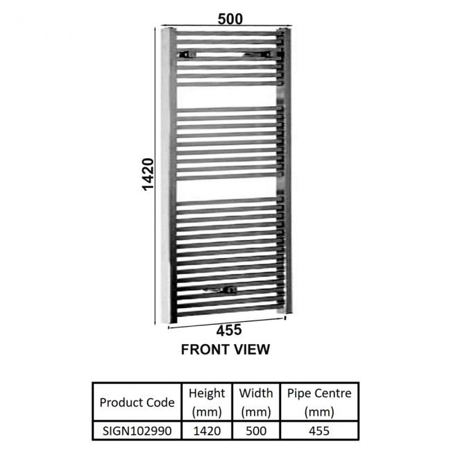 Signature Premier Square Heated Towel Rail 1420mm H x 500mm W - Anthracite  | Dimension Image