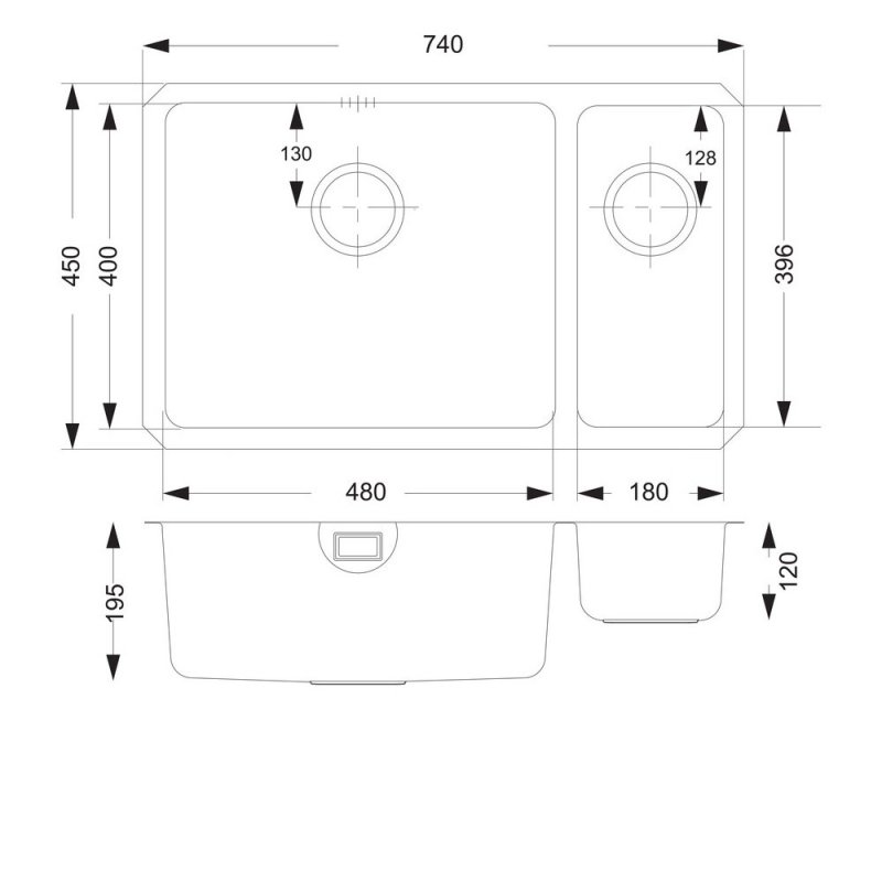 Prima+ R25 1.5 Bowl Undermount Large Kitchen Sink LH with Waste Kit 740mm L x 450mm W - Stainless Steel