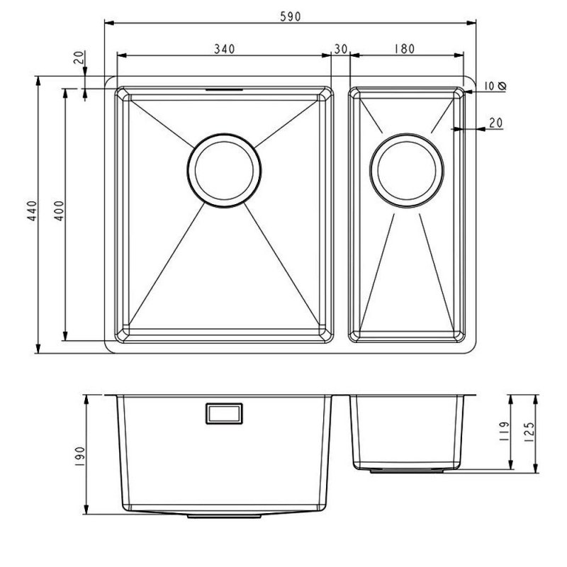 Prima+ R10 1.5 Bowl Undermount/Inset Kitchen Sink LH with Waste Kit 590mm L x 440mm W - Stainless Steel  | Dimension Image