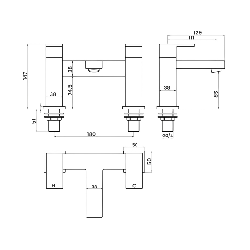 Signature Surface Bath Filler Tap Pillar Mounted - Chrome