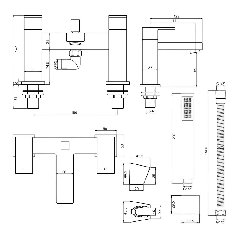 Signature Surface Bath Shower Mixer Tap with Shower Kit and Bracket - Chrome